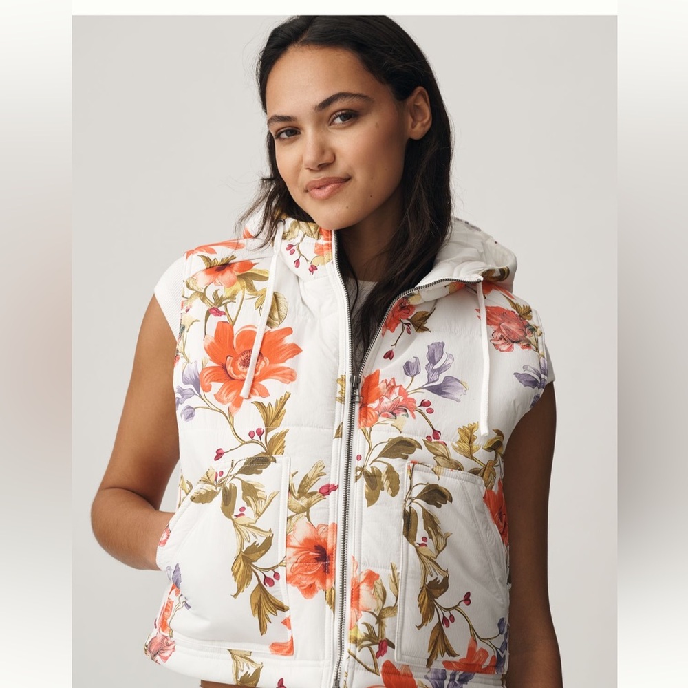 Floral Print Puffer Vest - White with Orange & Purple Blooms